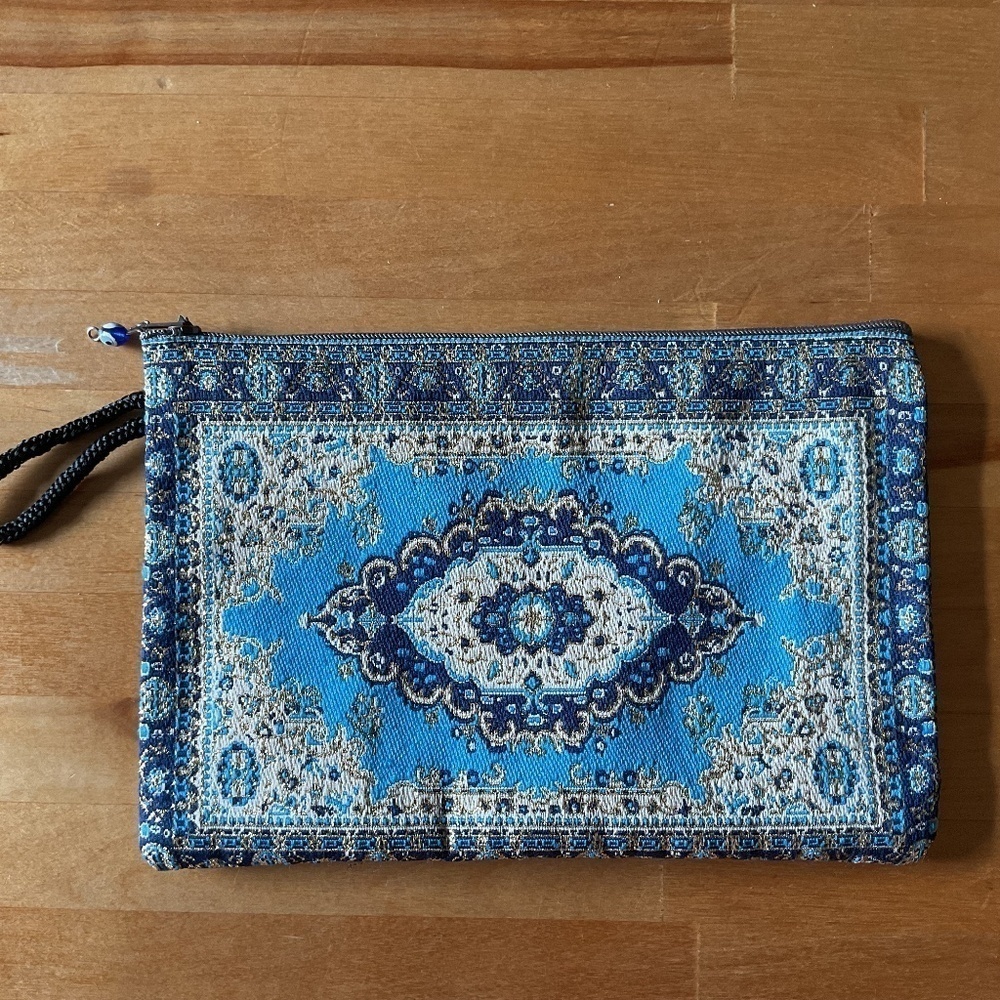 Blue/gold metallic textile embroidered wristlet/pouch new